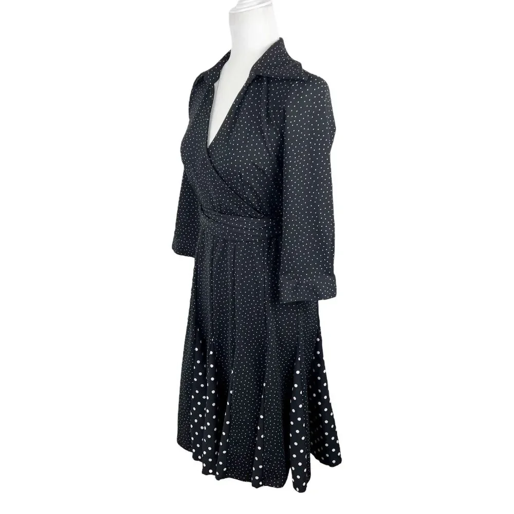 Melissa Masse Dress Women Medium Black White Polka Dot Surplice Tie Waist Casual